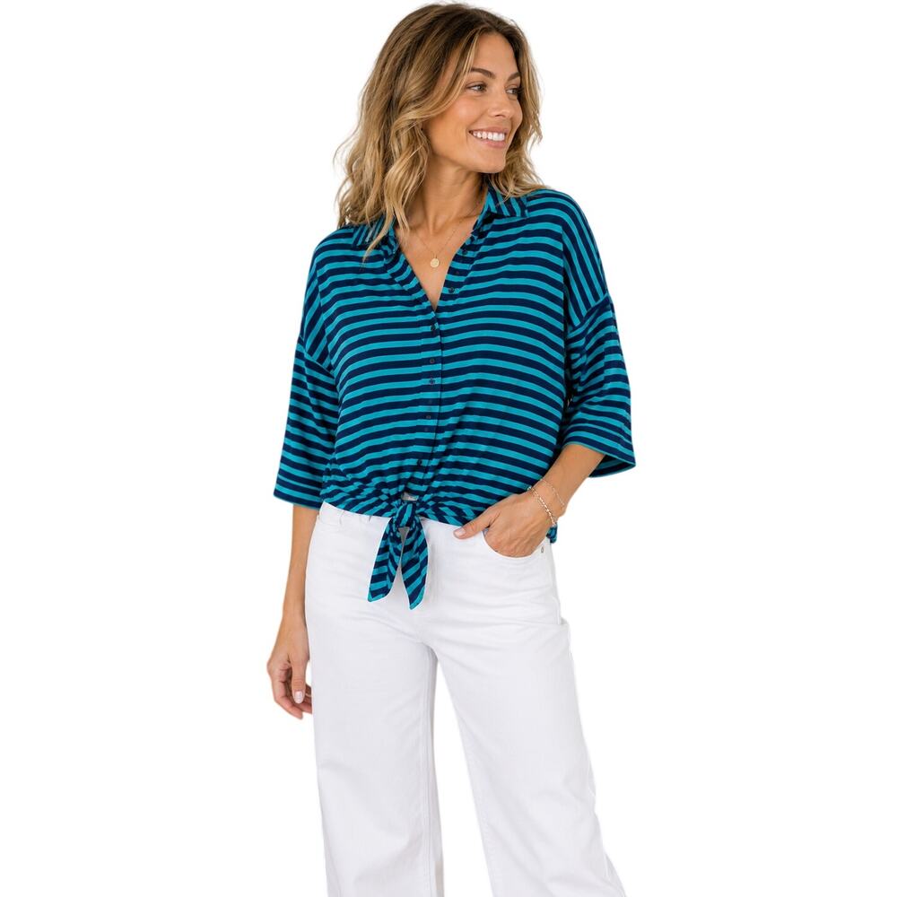 Thyme & Honey Blue Green Striped Tie Front Top Women's Medium Coastal